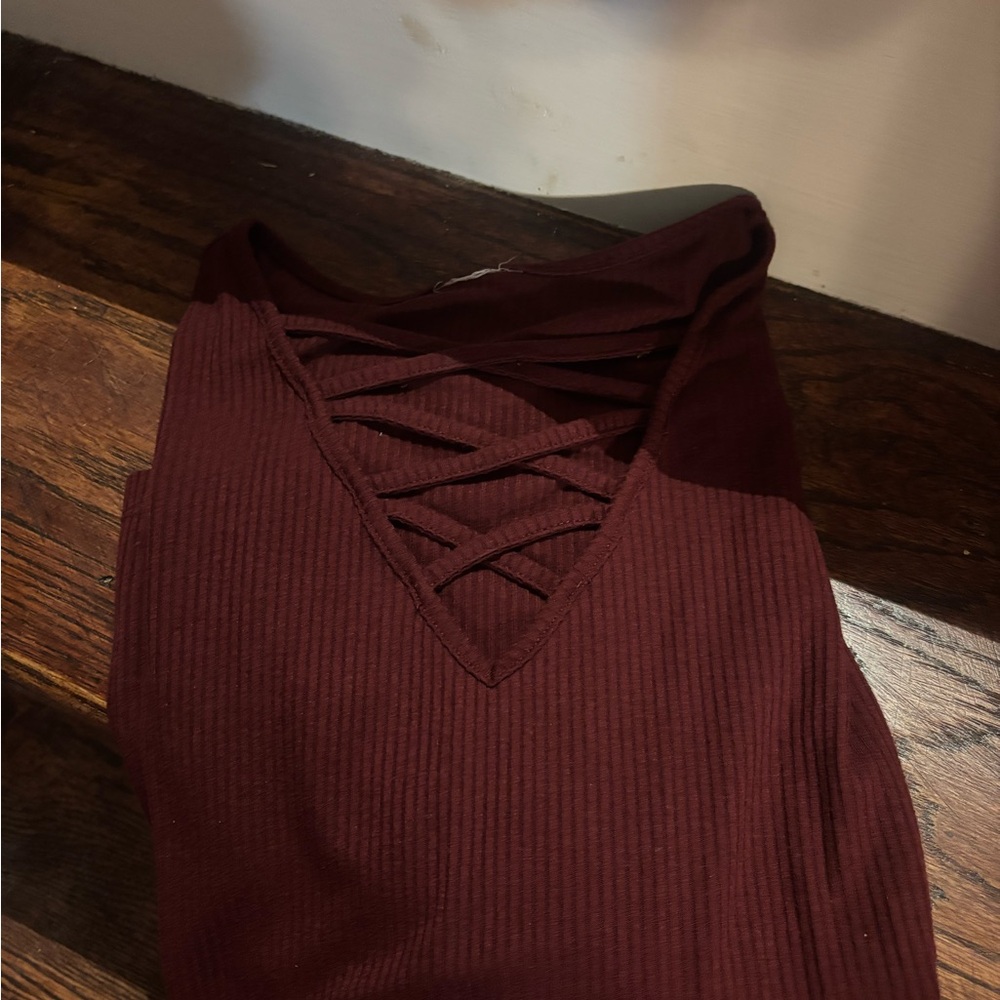 Burgundy Ribbed Top with Crisscross Detail